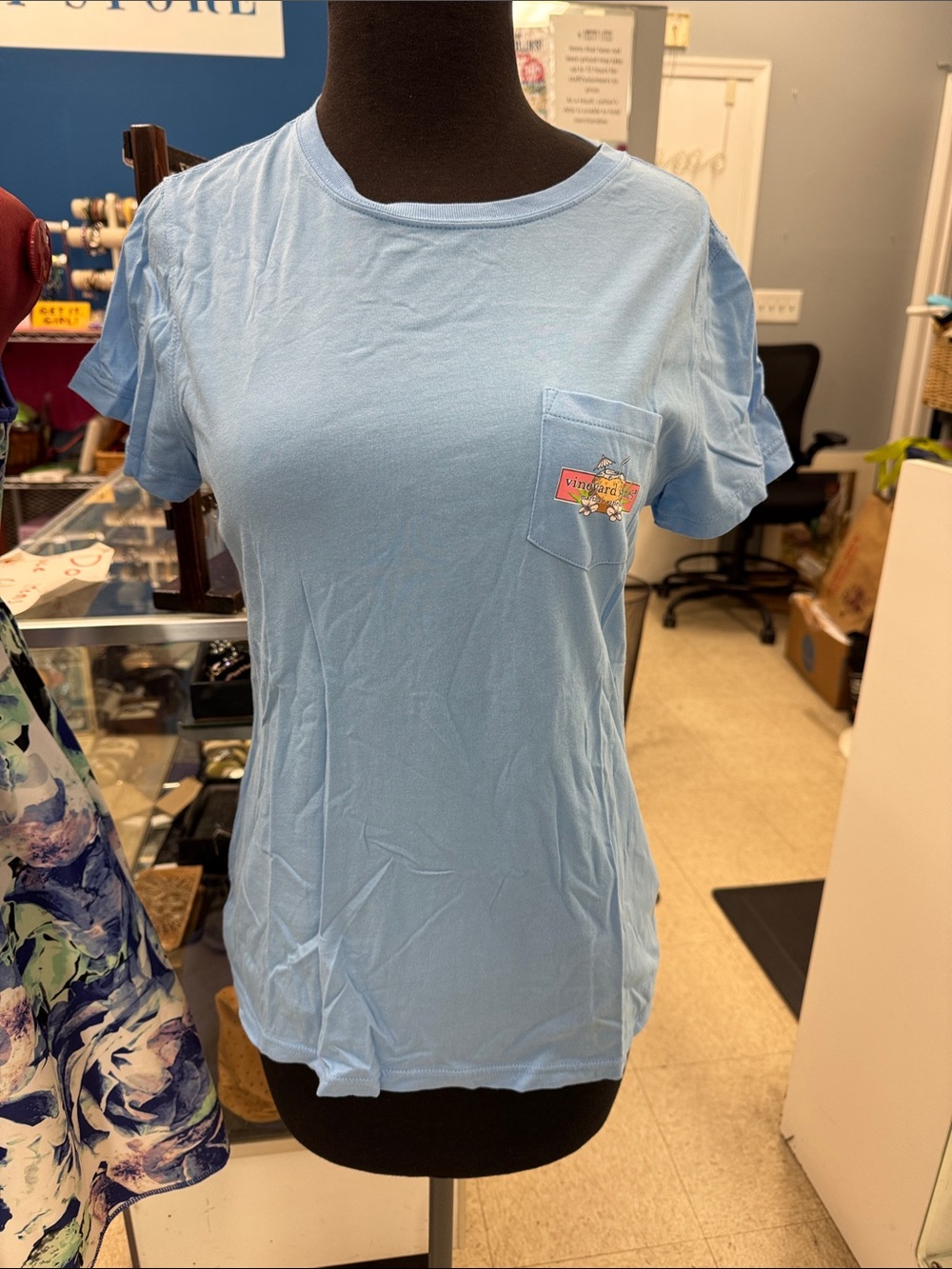 Vineyard Vines Light Blue Pocket Tee with Tropical Coconut Graphic